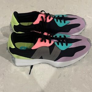 New Balance Women's 327 Sneakers in Black, Pink, Purple, and Neon Green.